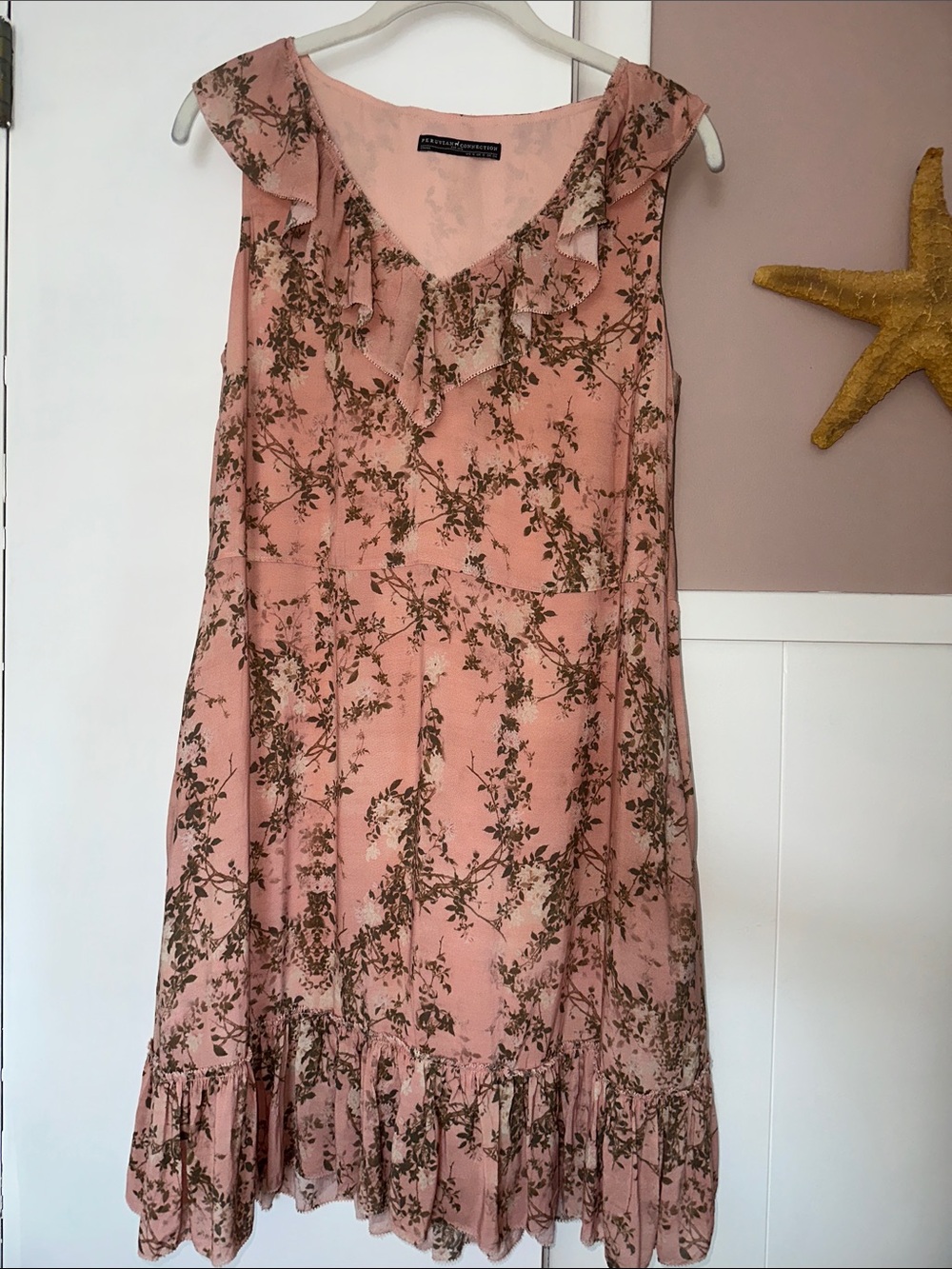 Peruvian Connection rose pink floral ruffle dress, silky pink and taupe dress